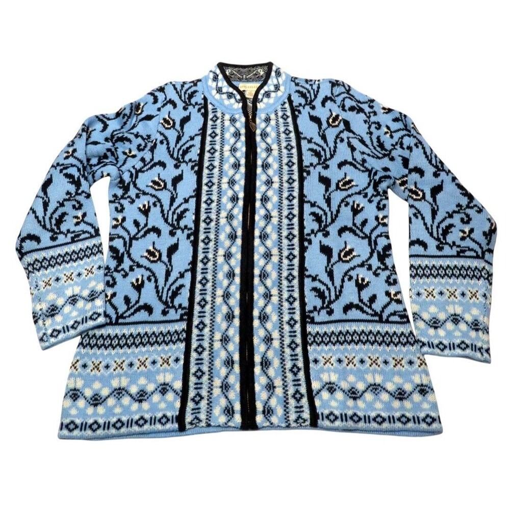 Appleseed's Women's Blue Knit Full Zip Cardigan Sweater Floral Fair Isle Size M